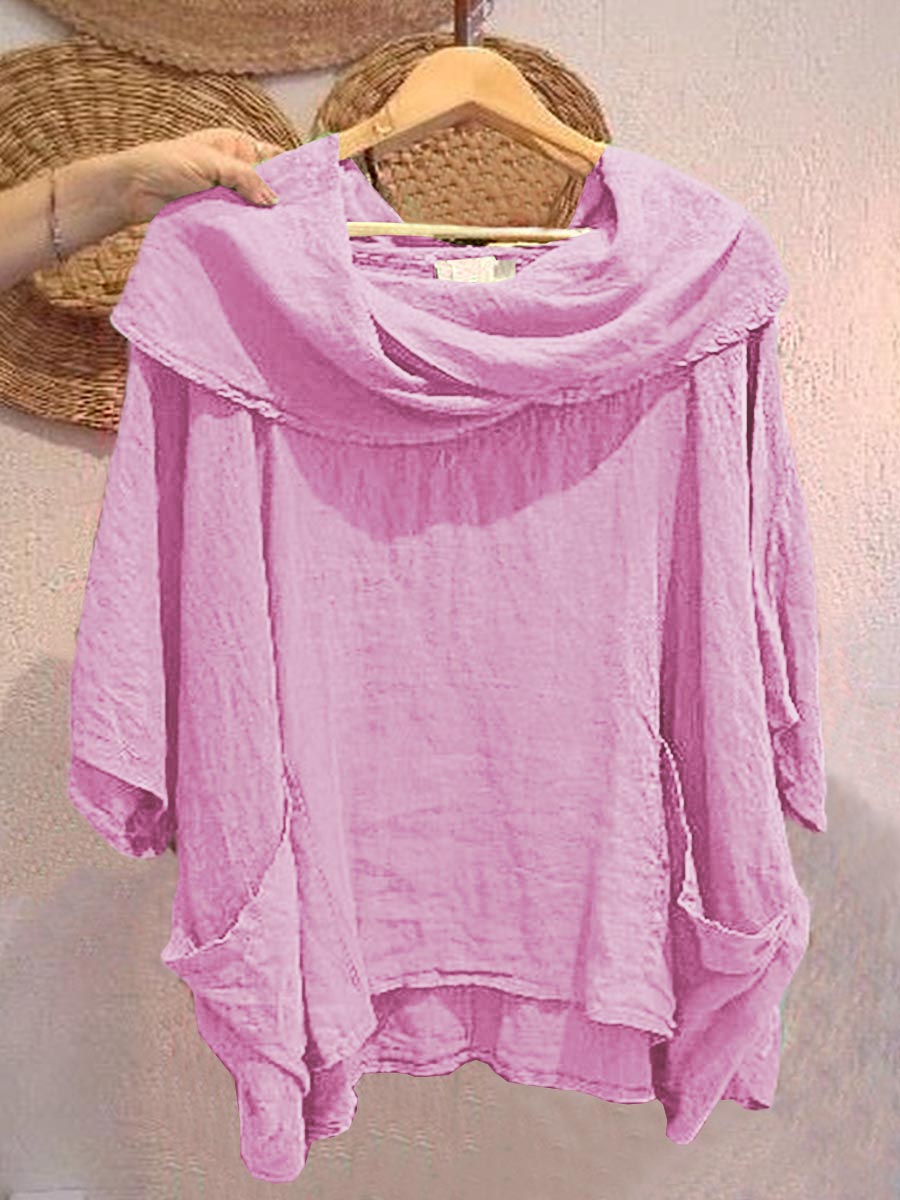 Camiseta de Mujer con Cuello Drapé Sólido de Manga 3/4 Cómoda de Lino con Bolsillos