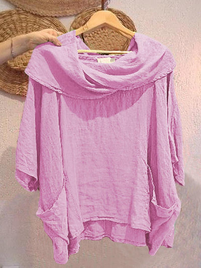 Camiseta de Mujer con Cuello Drapé Sólido de Manga 3/4 Cómoda de Lino con Bolsillos