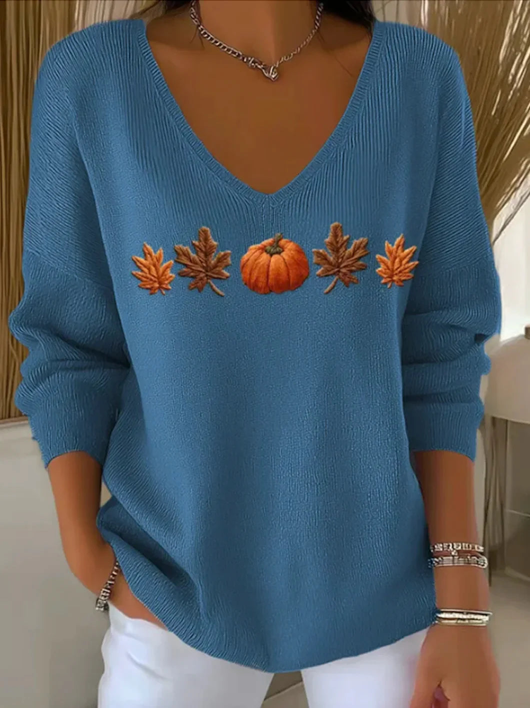 Suéter de algodón otoñal para mujer - Hojas de arce y calabaza
