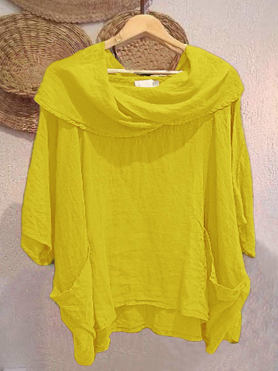 Camiseta de Mujer con Cuello Drapé Sólido de Manga 3/4 Cómoda de Lino con Bolsillos