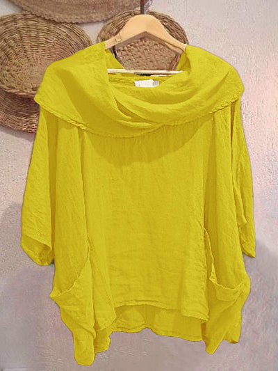 Camiseta de Mujer con Cuello Drapé Sólido de Manga 3/4 Cómoda de Lino con Bolsillos