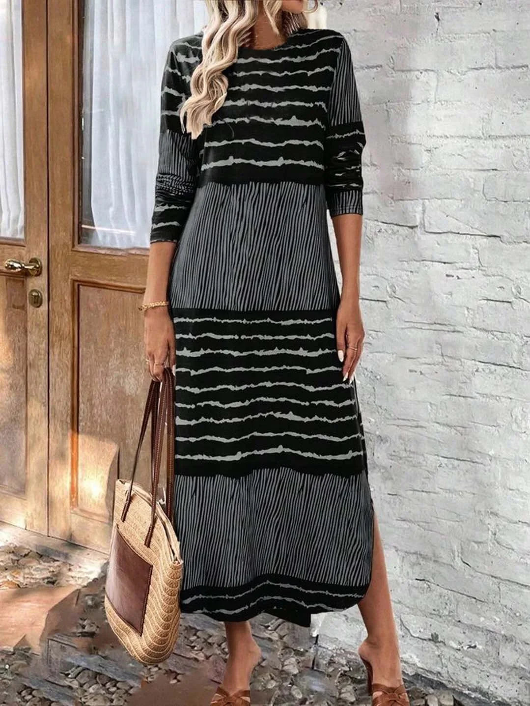 Vestido rayado mujer mangas largas cuello redondo - Primavera otoño