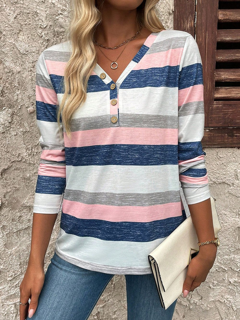 Camiseta de rayas con cuello en V de mangas largas - Estilo casual chic