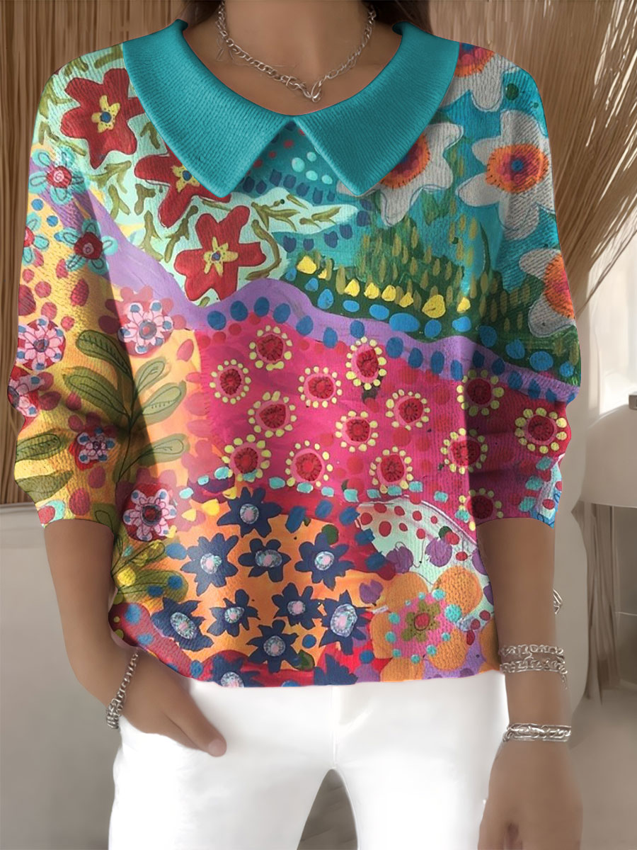 Suéter casual con cuello Peter Pan y estampado floral para mujeres con mangas