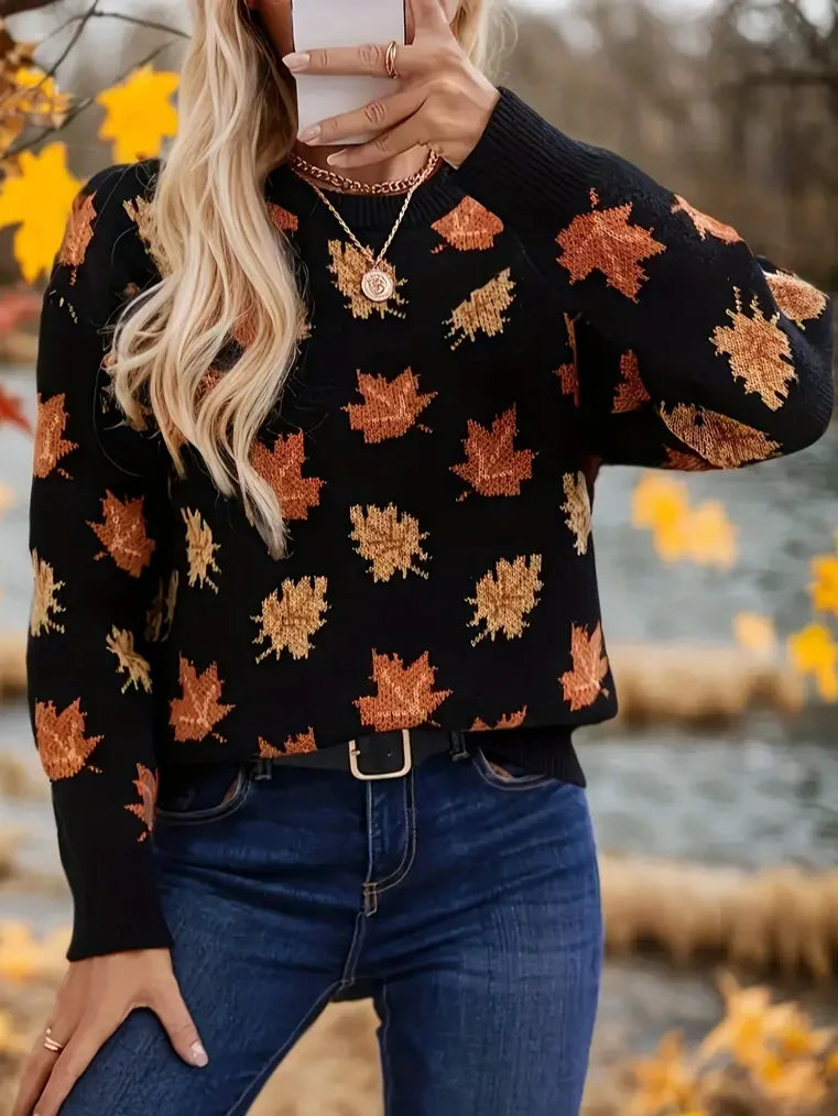 Suéter mujer estampado hojas de arce mangas largas - Moda casual chic