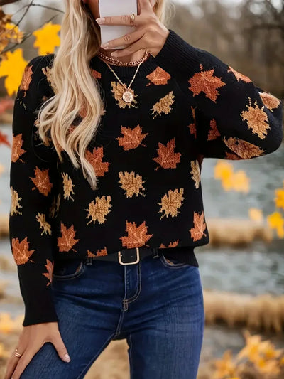 Suéter mujer estampado hojas de arce mangas largas - Moda casual chic