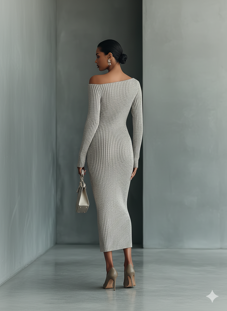 Vestido gris de punto con un solo hombro