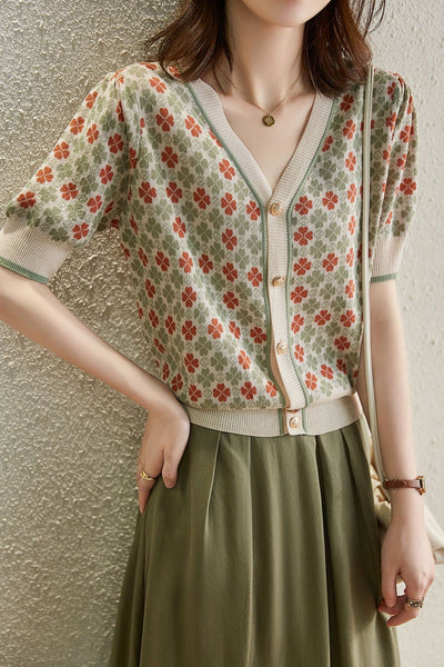 Cardigan Retro Jacquard Mujer - Chaleco Corto Con Cuello en V Chic y Cómodo