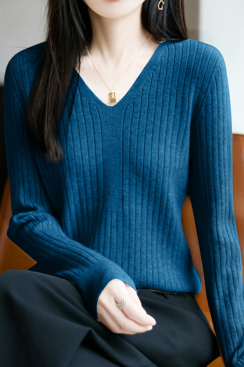 Top de punto casual con cuello en V para mujer – Estilo versátil y confort moderno
