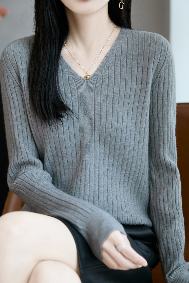 Top de punto casual con cuello en V para mujer – Estilo versátil y confort moderno