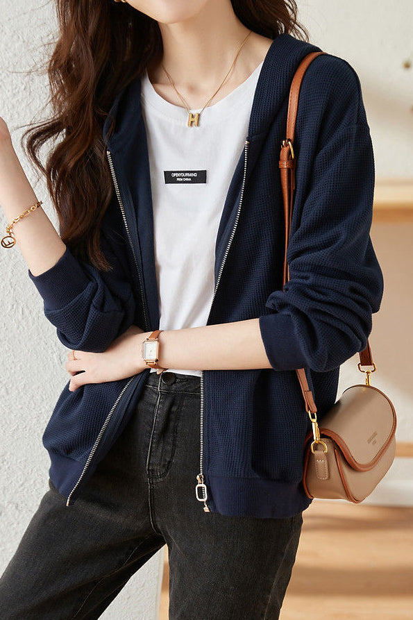 Chaqueta casual con capucha de punto waffle