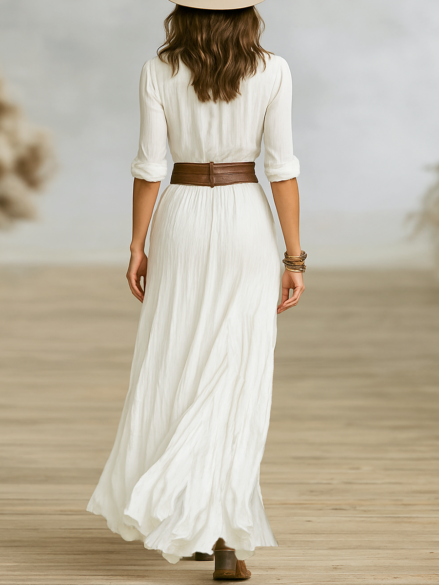 Vestido largo plisado de lino y algodón