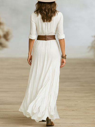 Vestido largo plisado de lino y algodón