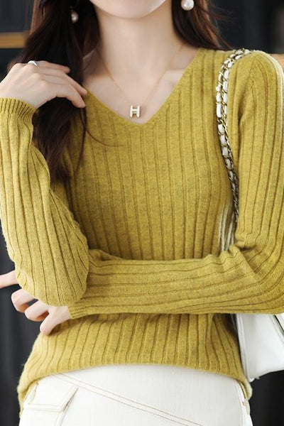 Camiseta térmica mujer cuello en V – Top de punto elástico - Moda invierno chic