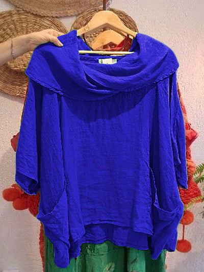 Camiseta de Mujer con Cuello Drapé Sólido de Manga 3/4 Cómoda de Lino con Bolsillos
