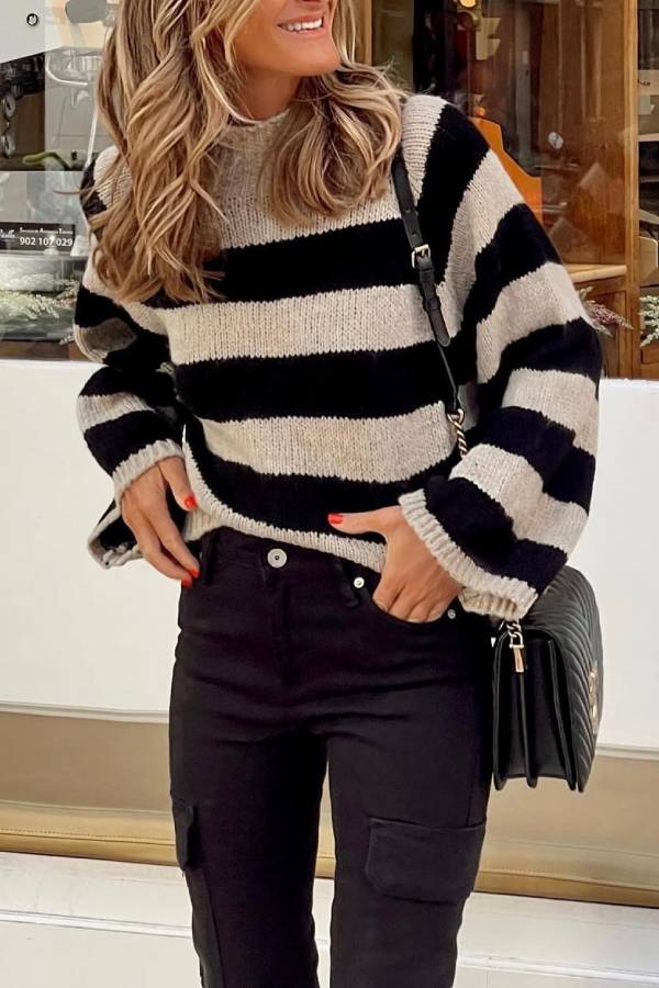 Suéter rayado negro y blanco mujer – Cuello alto tejido amplio chic