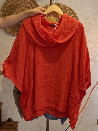 Camiseta de Mujer con Cuello Drapé Sólido de Manga 3/4 Cómoda de Lino con Bolsillos