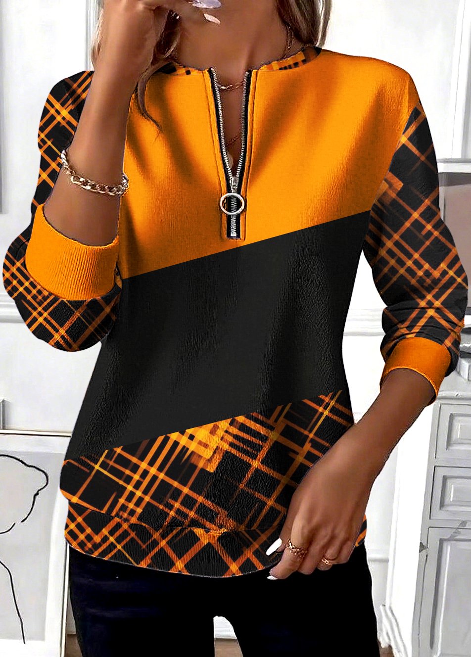 Sudadera naranja geométrica casual con cuello alto - Moda tendencia hombre