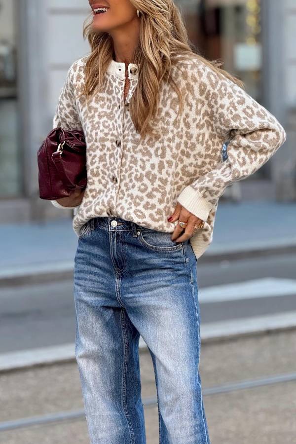 Cardigan de leopardo marrón mujer - Tejido suave y estilo chic otoño