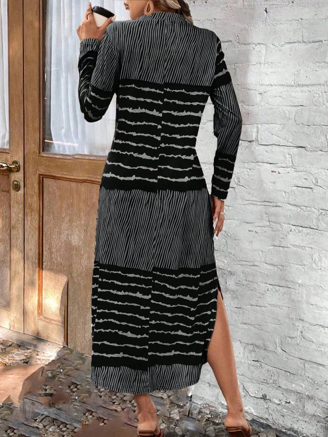 Vestido rayado mujer mangas largas cuello redondo - Primavera otoño