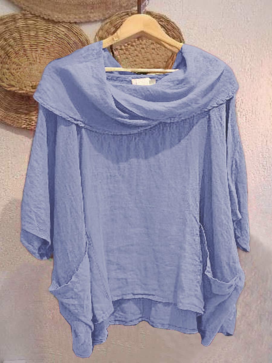 Camiseta de Mujer con Cuello Drapé Sólido de Manga 3/4 Cómoda de Lino con Bolsillos