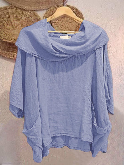 Camiseta de Mujer con Cuello Drapé Sólido de Manga 3/4 Cómoda de Lino con Bolsillos