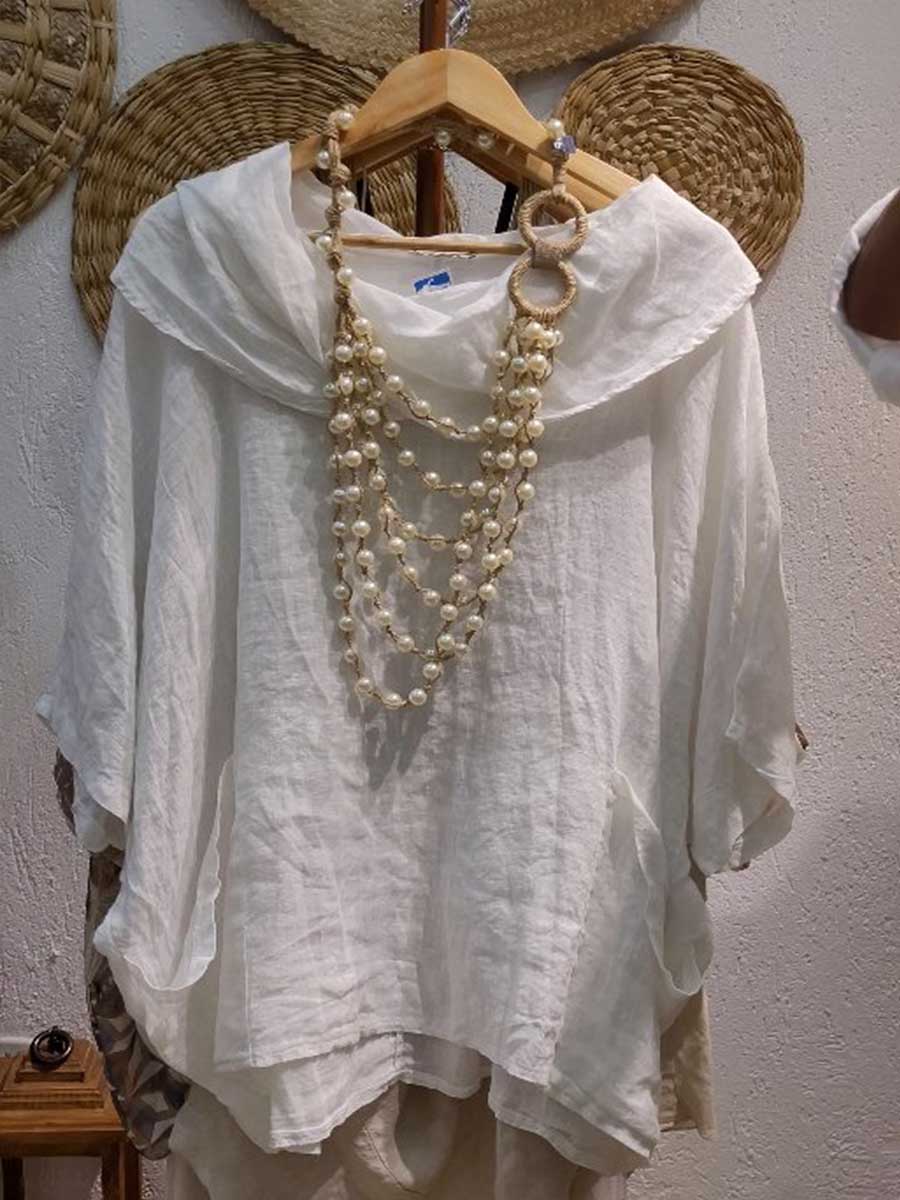 Camiseta de Mujer con Cuello Drapé Sólido de Manga 3/4 Cómoda de Lino con Bolsillos