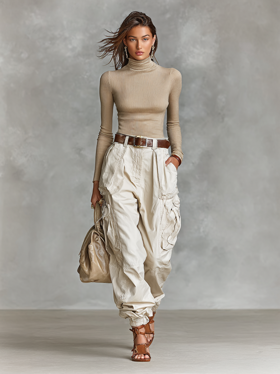 Conjunto mujer cuello alto y pantalones cargo