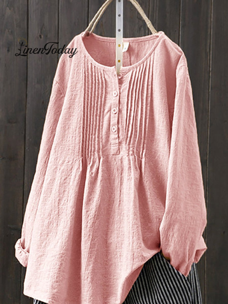 Camisa casual de algodón y lino retro para mujeres