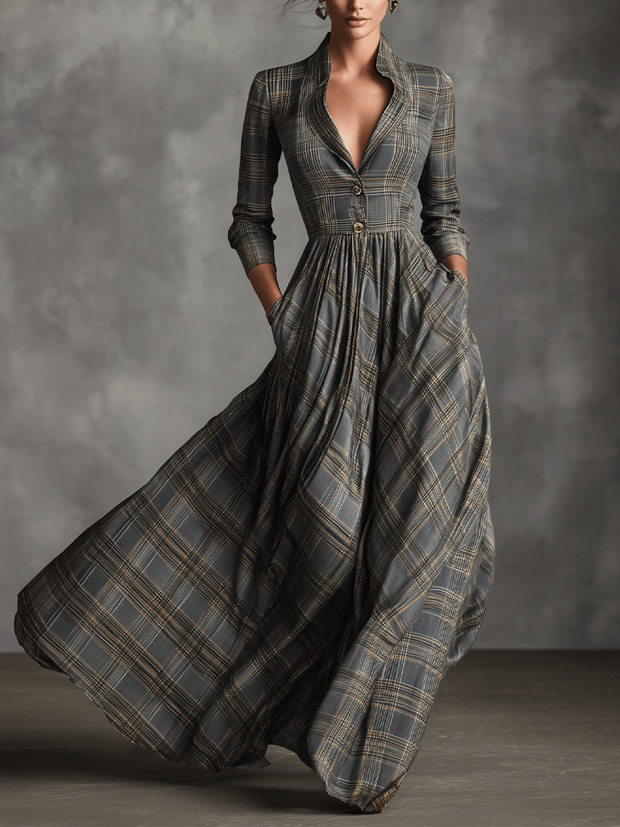 Vestido largo tartán gris elegante