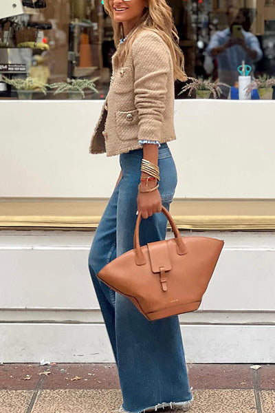 Chaqueta chic de cuello redondo deshilachado para mujer – Elegancia y confort en el día a día