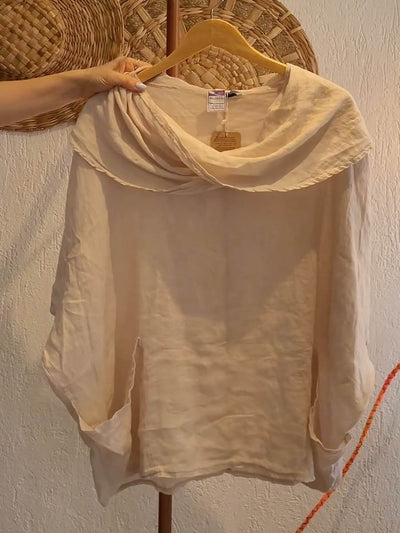 Camiseta de Mujer con Cuello Drapé Sólido de Manga 3/4 Cómoda de Lino con Bolsillos