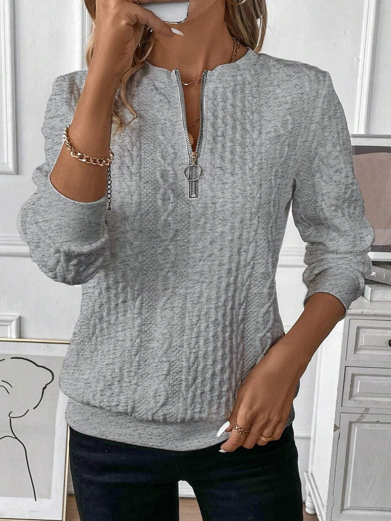 Sudadera de cuello redondo blanca con cremallera – Estilo casual hombre