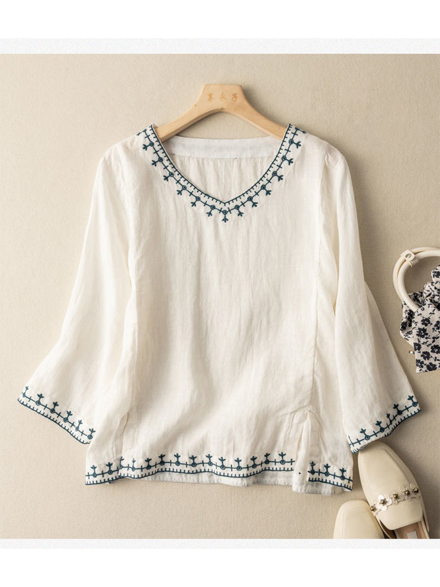Camisa bordada de algodón y lino casual para mujeres