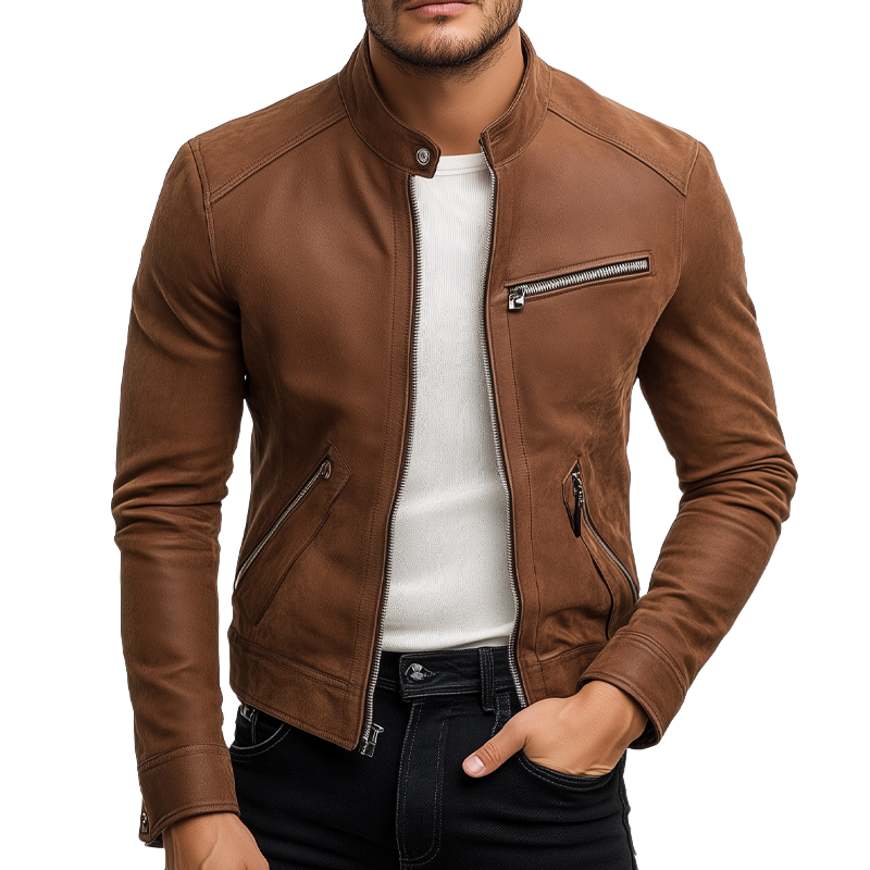 Chaqueta Hombre Retro Cuello Alto de Cuero PU – Estilo y Confort