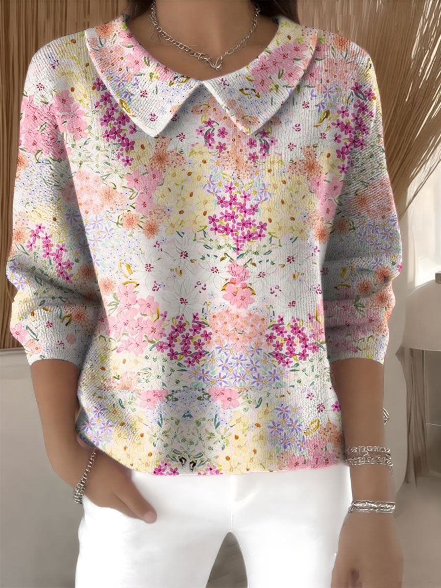 Suéter casual con cuello Peter Pan de flores para mujeres