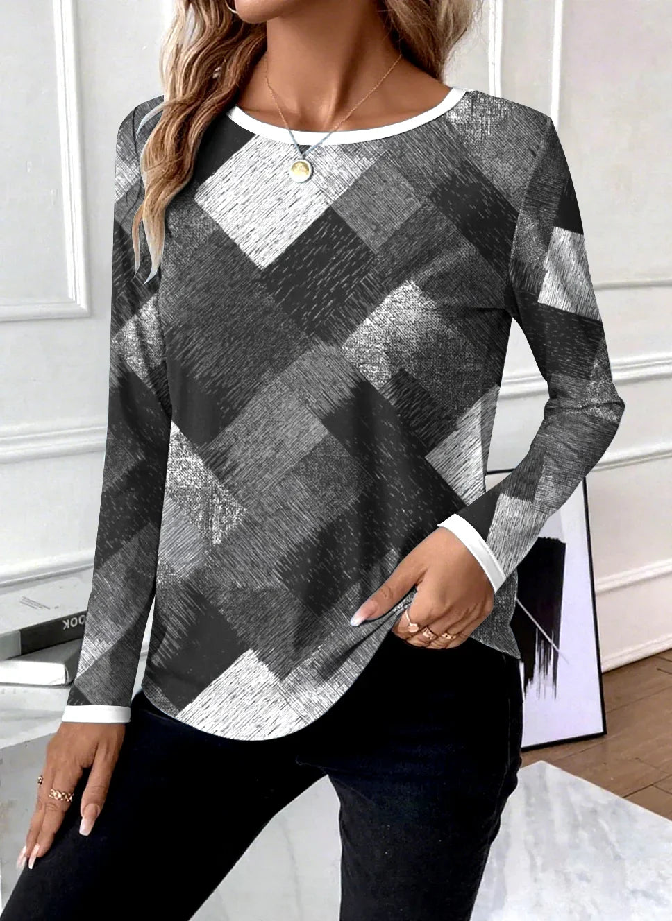 Camiseta geométrica hombre de manga larga cuello redondo - Moda casual