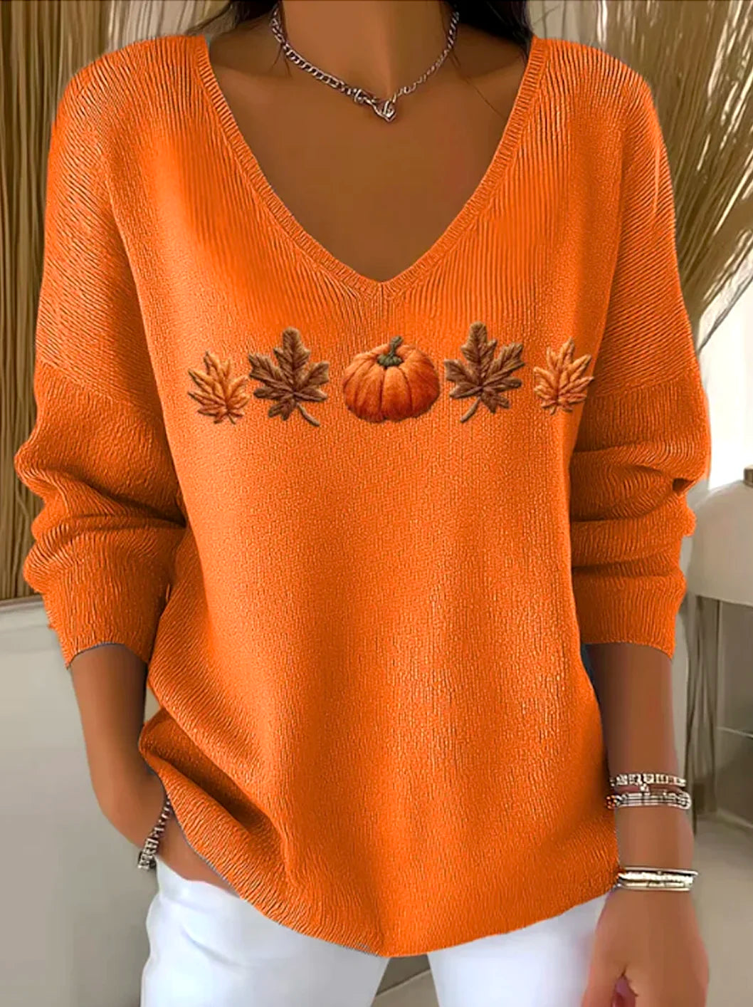 Suéter de algodón otoñal para mujer - Hojas de arce y calabaza