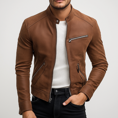 Chaqueta Hombre Retro Cuello Alto de Cuero PU – Estilo y Confort