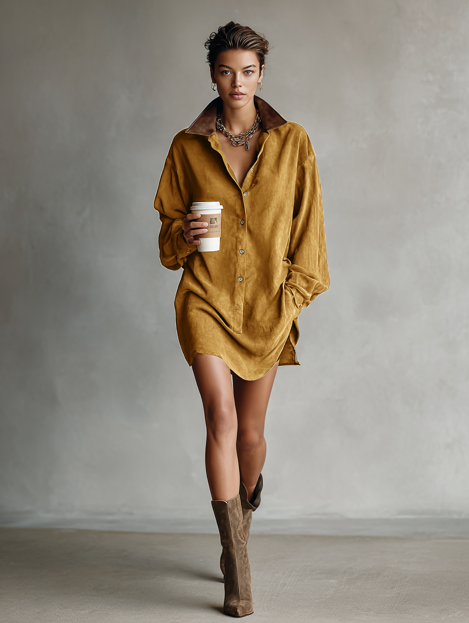 Vestido mini de gamuza con solapa de cuero