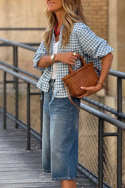 Camisa a cuadros azul y blanca para mujer – estilo retro francés