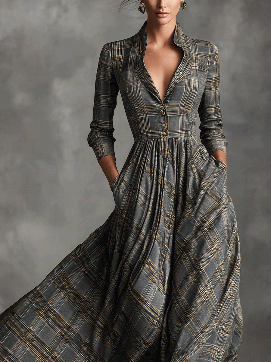 Vestido largo tartán gris elegante