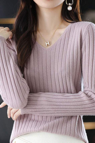 Camiseta térmica mujer cuello en V – Top de punto elástico - Moda invierno chic